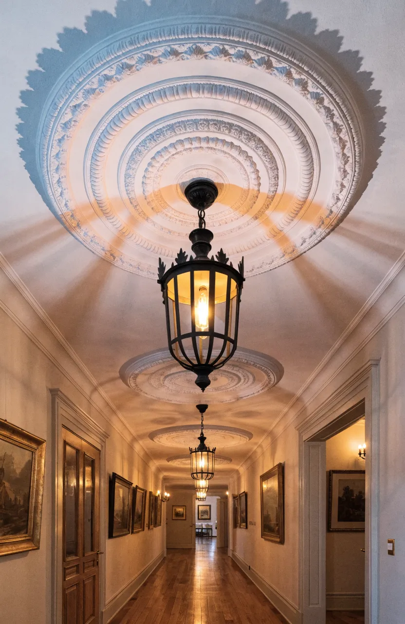 Intricate plaster ceiling medallions around black pendant lights in a long, traditional hallway.