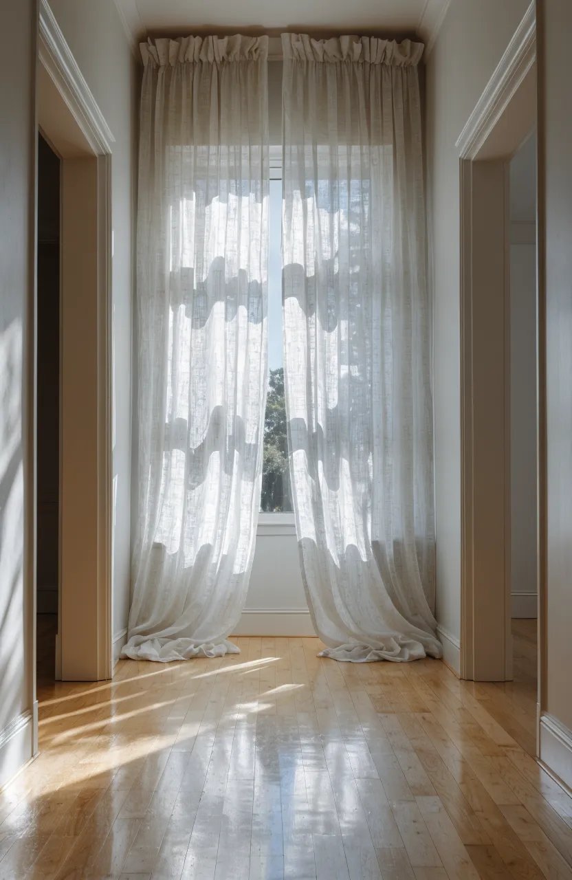 A bright, narrow hallway with tall white linen curtains flowing from ceiling to floor over a window.