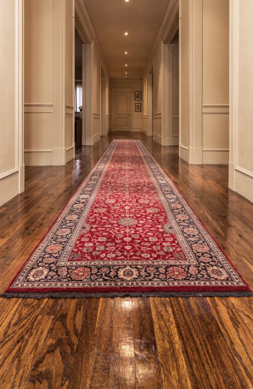 A long antique Persian runner rug with red and blue patterns stretching down a narrow wooden hallway.