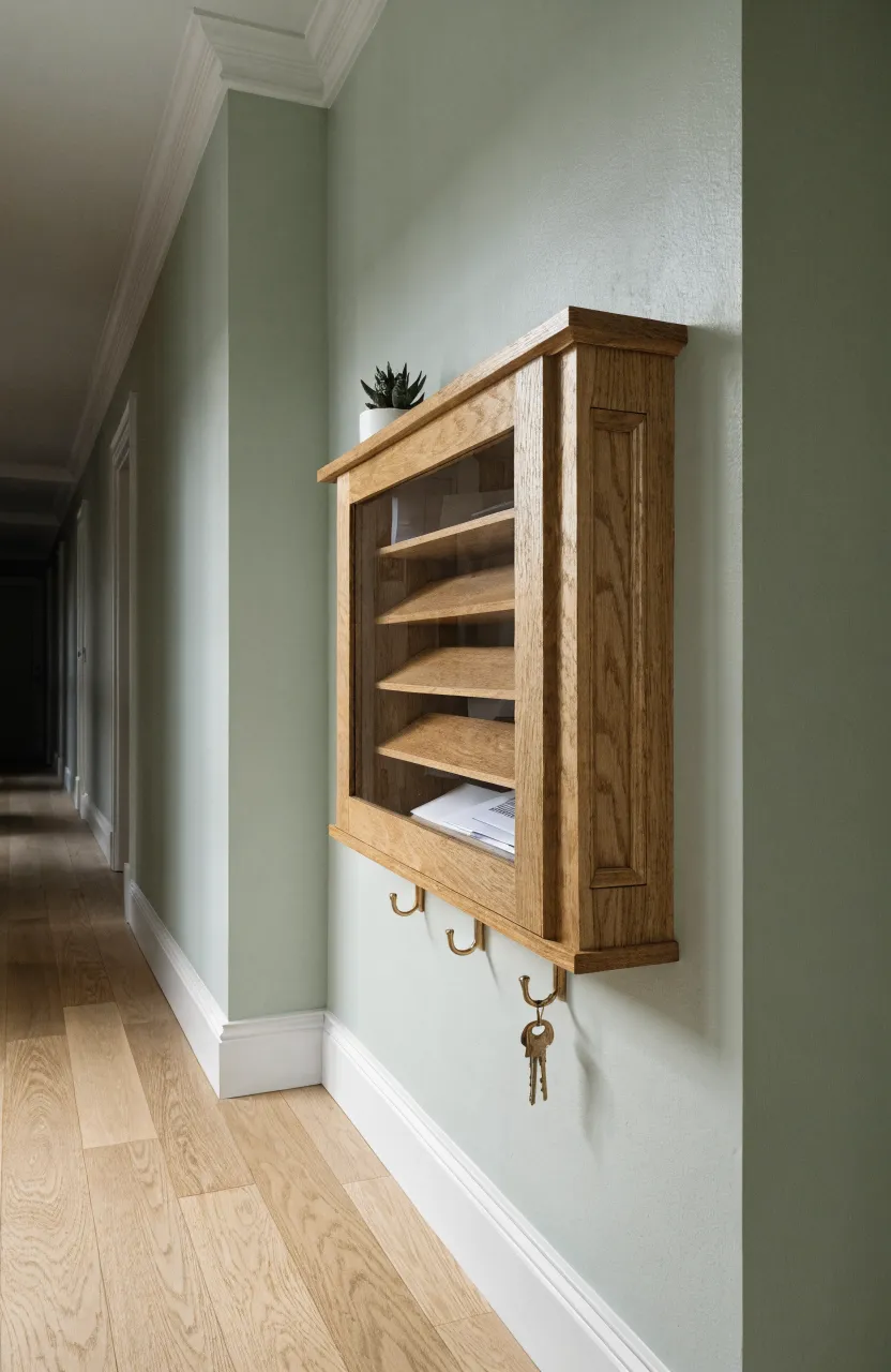 A minimalist wooden mail organizer and brass key hooks mounted on a light green hallway wall.