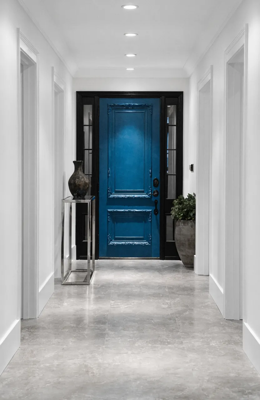 A long white hallway leading to a bright teal painted door with black hardware at the far end.