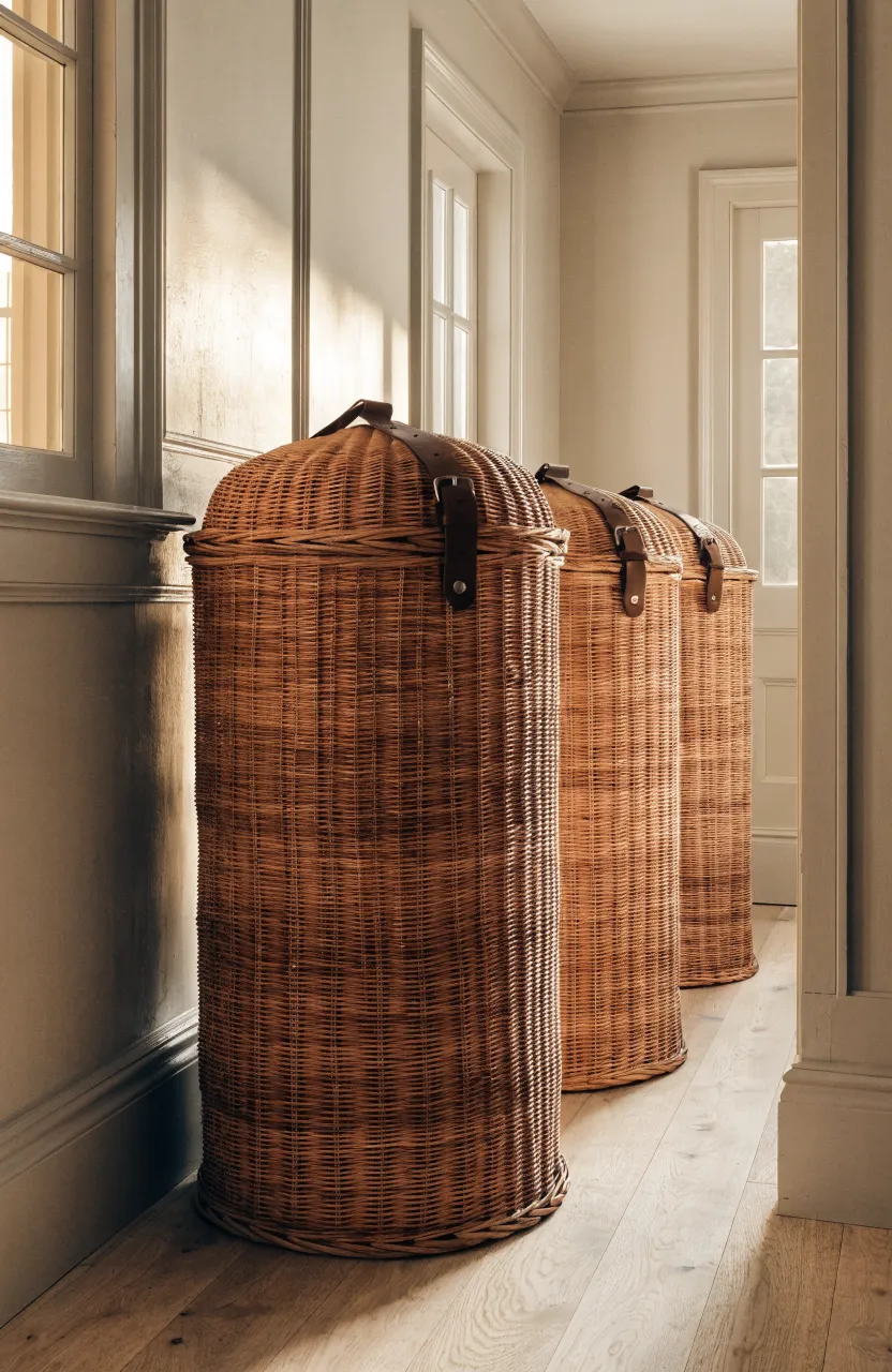 Three matching woven wicker chests lined up against a wall in a sunlit, sandy-toned hallway.