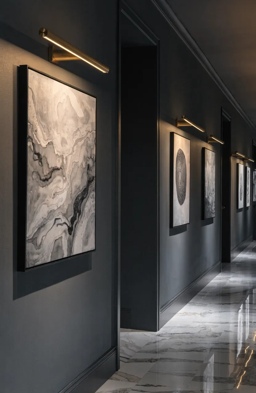 Elegant brass lights mounted above framed art on a dark charcoal hallway wall, creating a gallery feel.