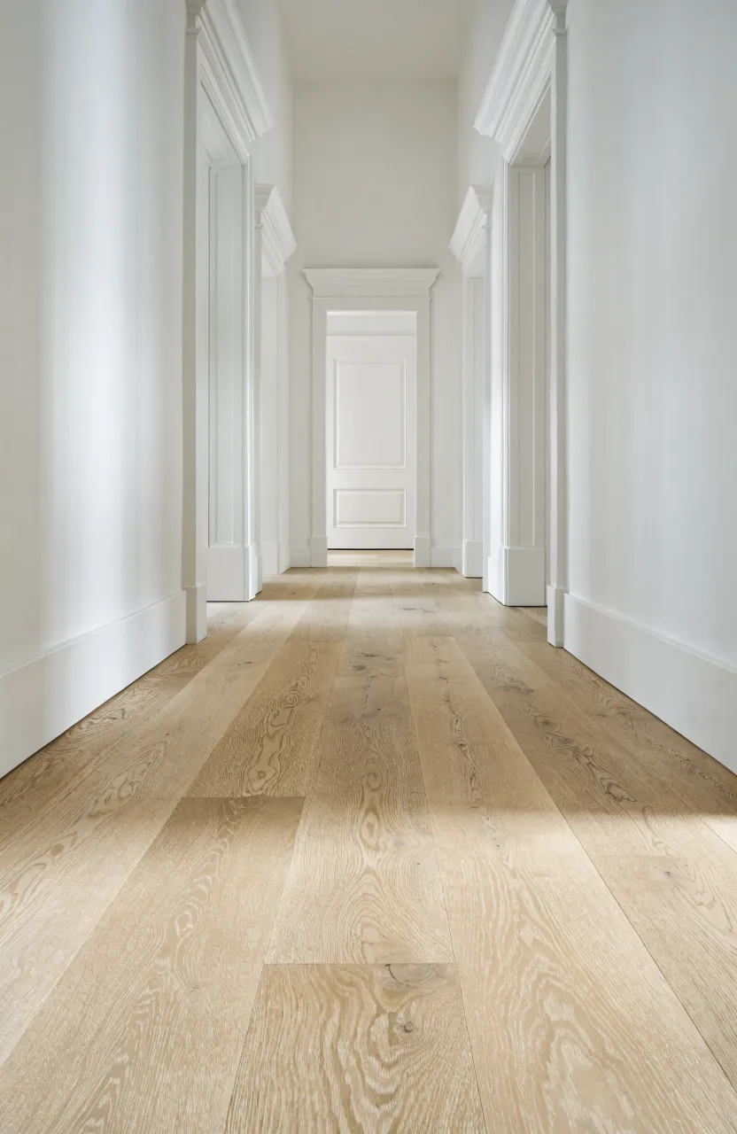 A narrow white hallway with light oak wood floor planks laid horizontally to make the space look wider.