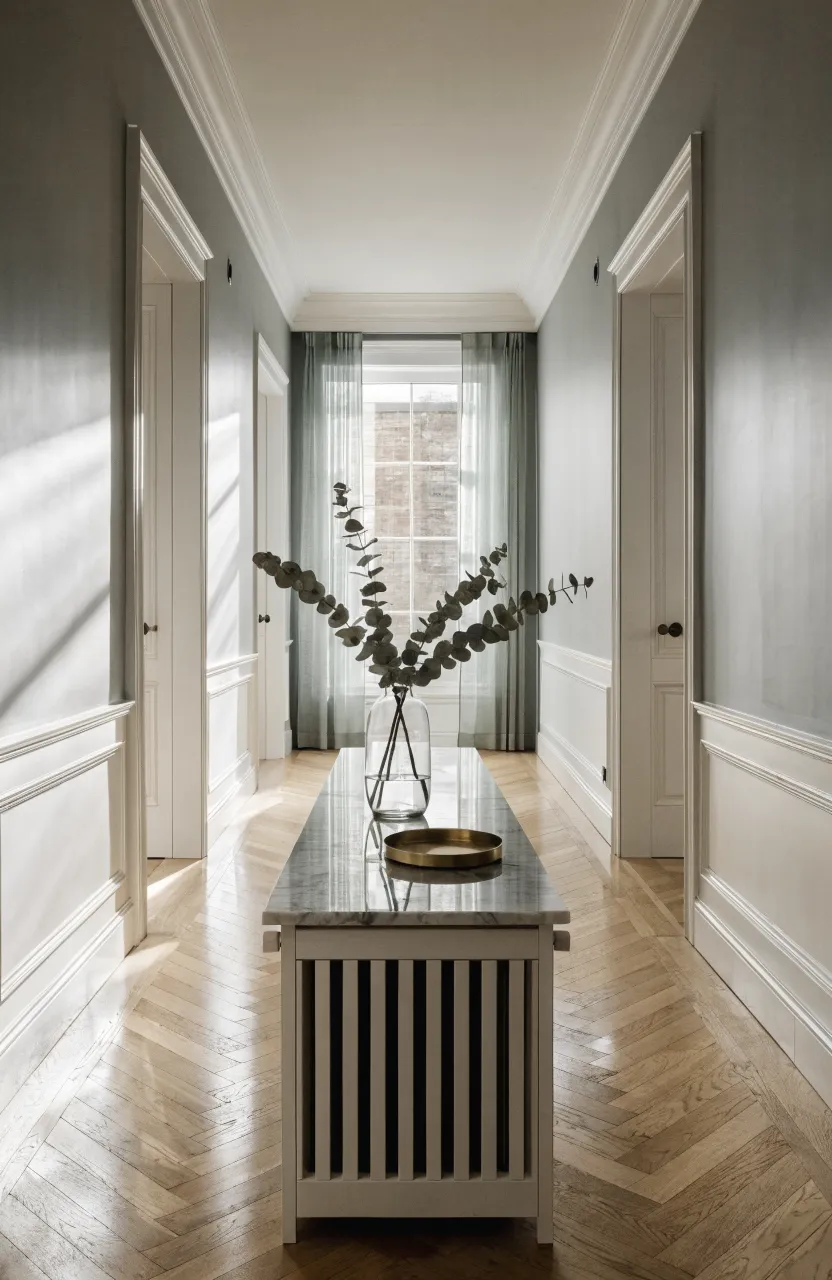 A slim white radiator cover with a marble top in a bright, long hallway with oak floors.