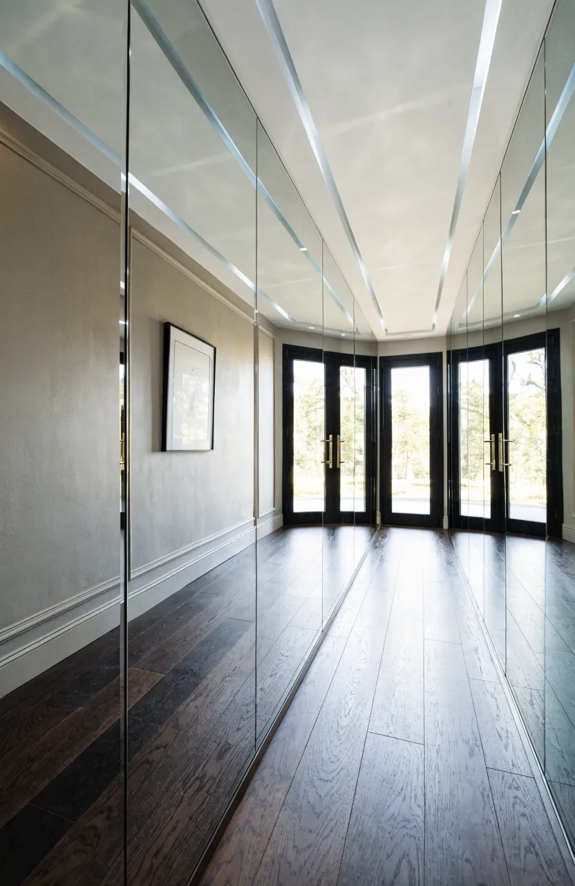 A long narrow hallway with one wall entirely covered in mirrors, making the space look twice as wide.