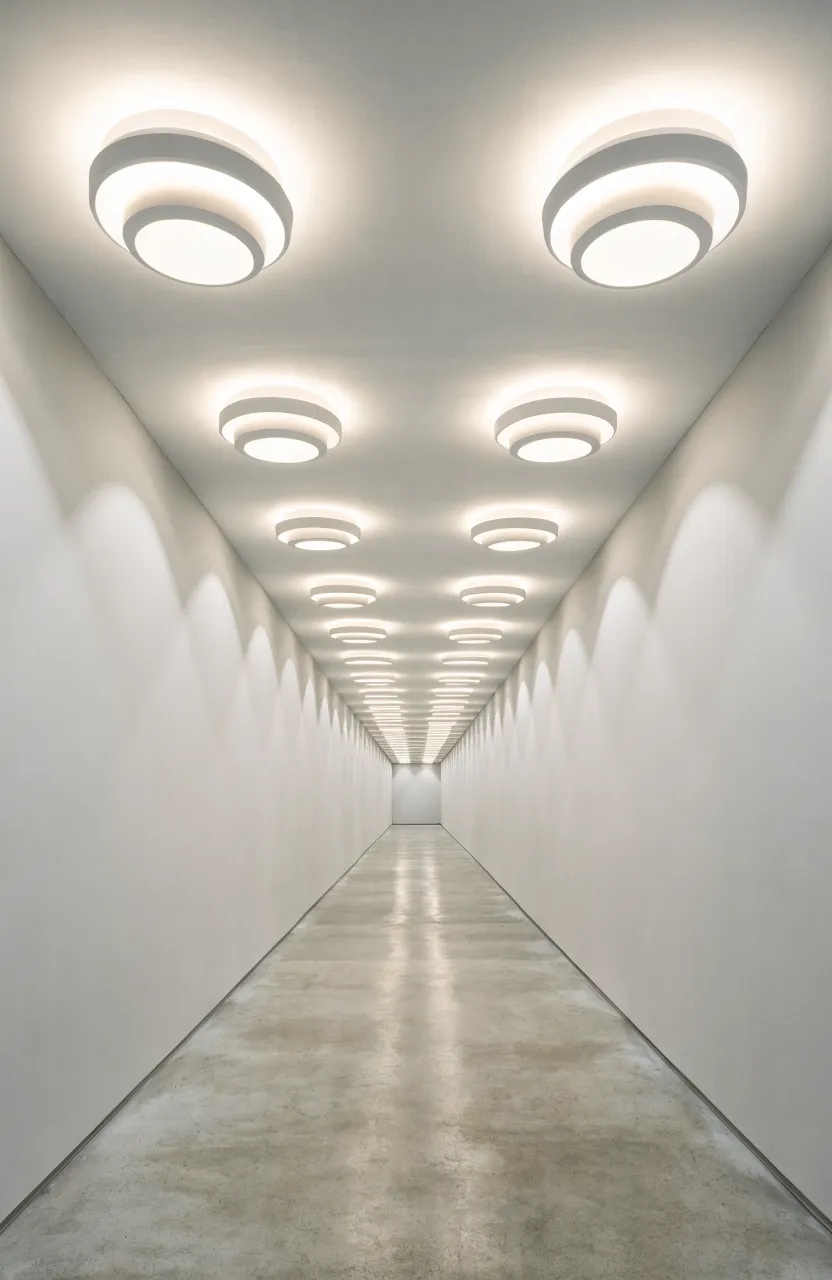 A row of evenly spaced recessed ceiling lights illuminating a long, modern, neutral-toned hallway.