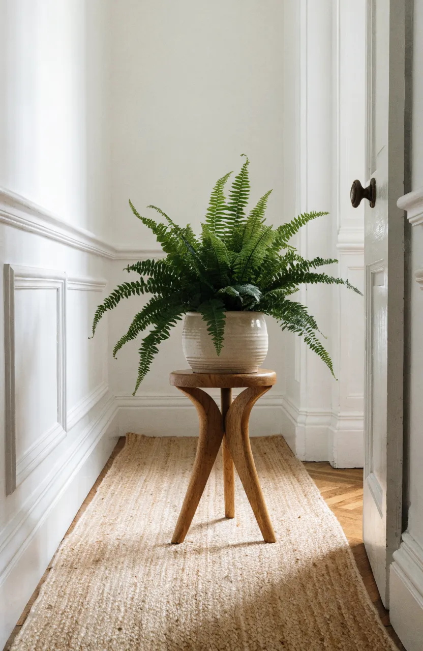 A small wooden stool with a green fern plant sitting at the end of a narrow white hallway.