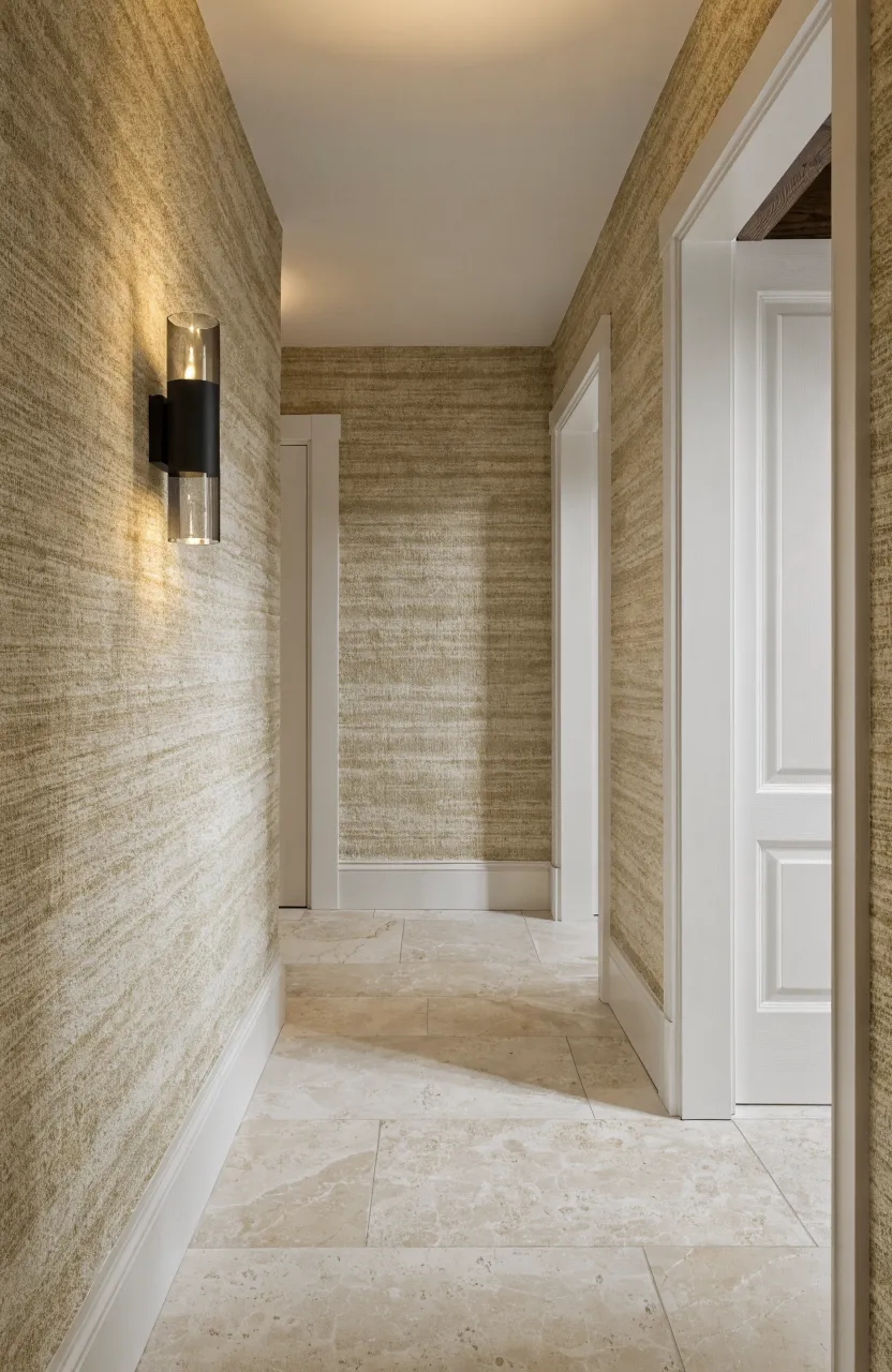 Textured beige grasscloth wallpaper on the walls of a long, elegant hallway with white trim.