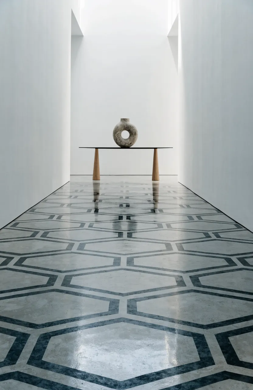 A long narrow hallway with a large-scale geometric stencil pattern on a light gray painted concrete floor.