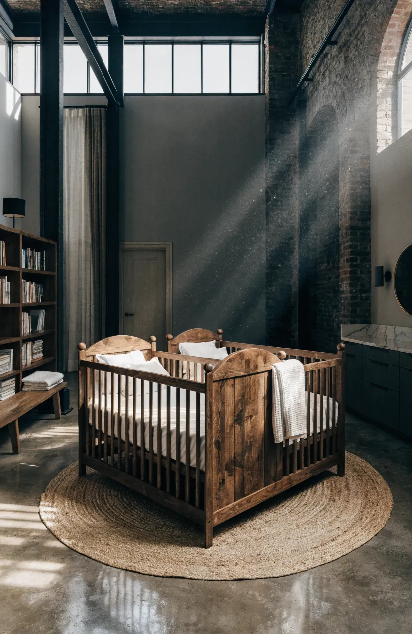 Two dark wood cribs placed back-to-back in the center of a spacious, modern nursery room.