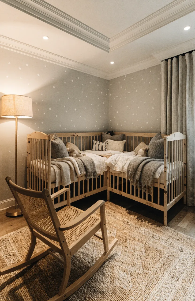 Two birchwood cribs tucked into a corner in an L-shape to maximize floor space in a small nursery.