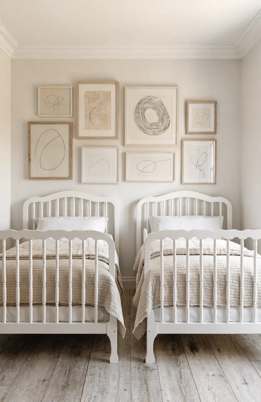 Matching white spindle cribs with identical beige and white bedding in a minimalist nursery.