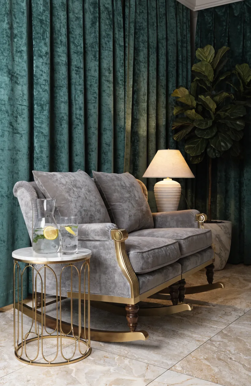 An extra-wide grey velvet rocking chair placed in a cozy nursery corner for twin feeding.