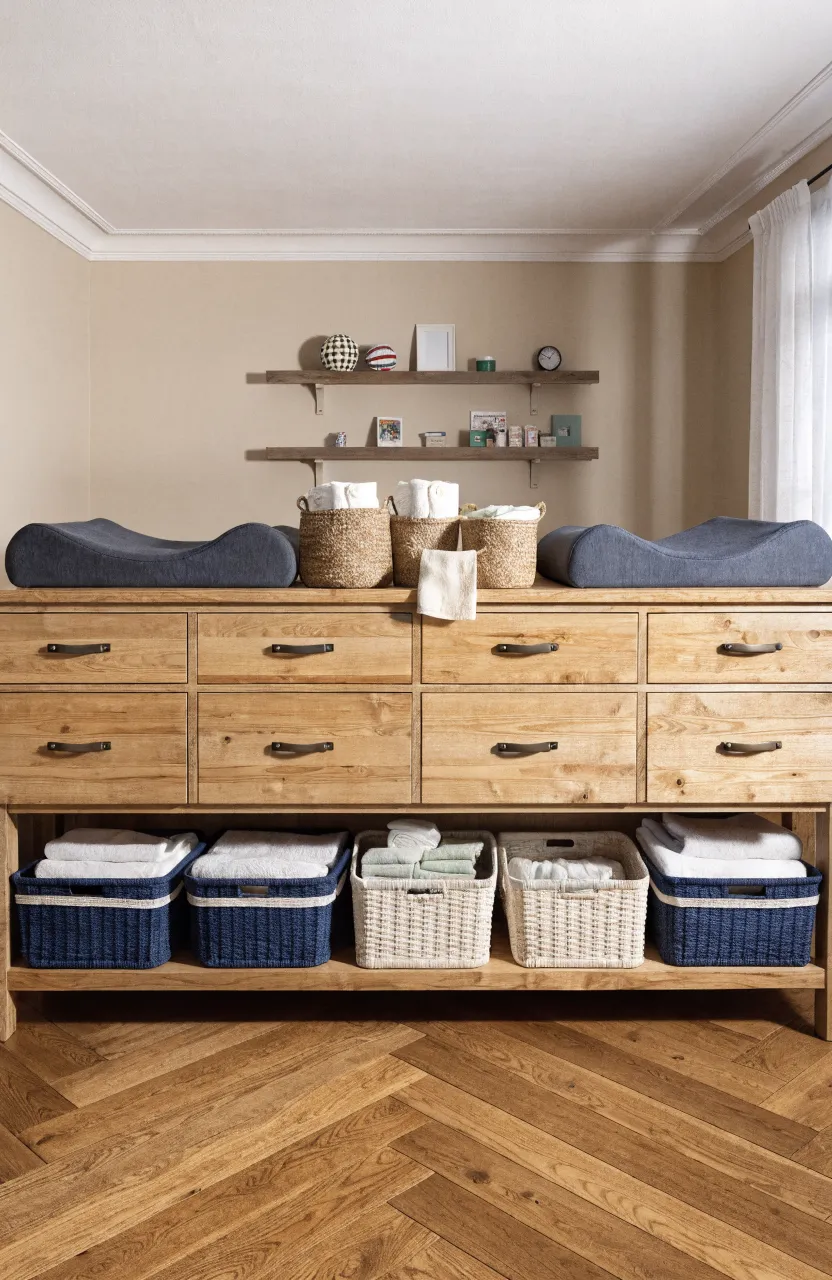 A long wooden dresser equipped with two side-by-side changing pads and organized nursery supplies.