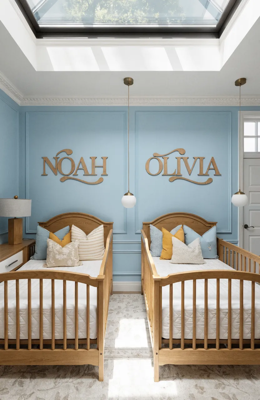 Two wooden name signs mounted on a blue wall above two identical cribs in a twin nursery.