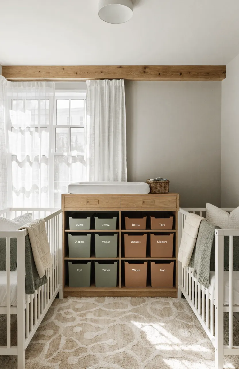 A modern twin nursery featuring organized sage green and terracotta storage bins on a central shelving unit.