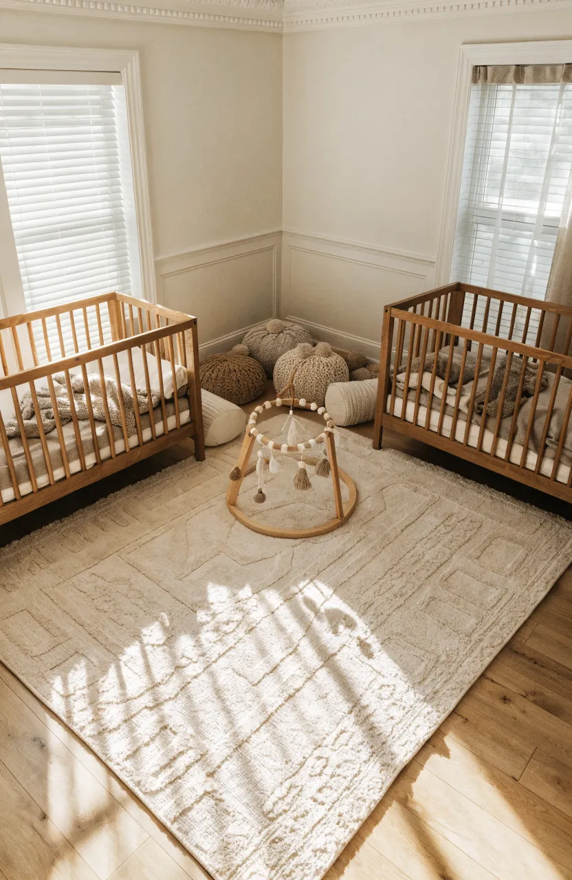A large cream rug centered in a twin nursery between two wooden cribs, creating a dedicated play space.
