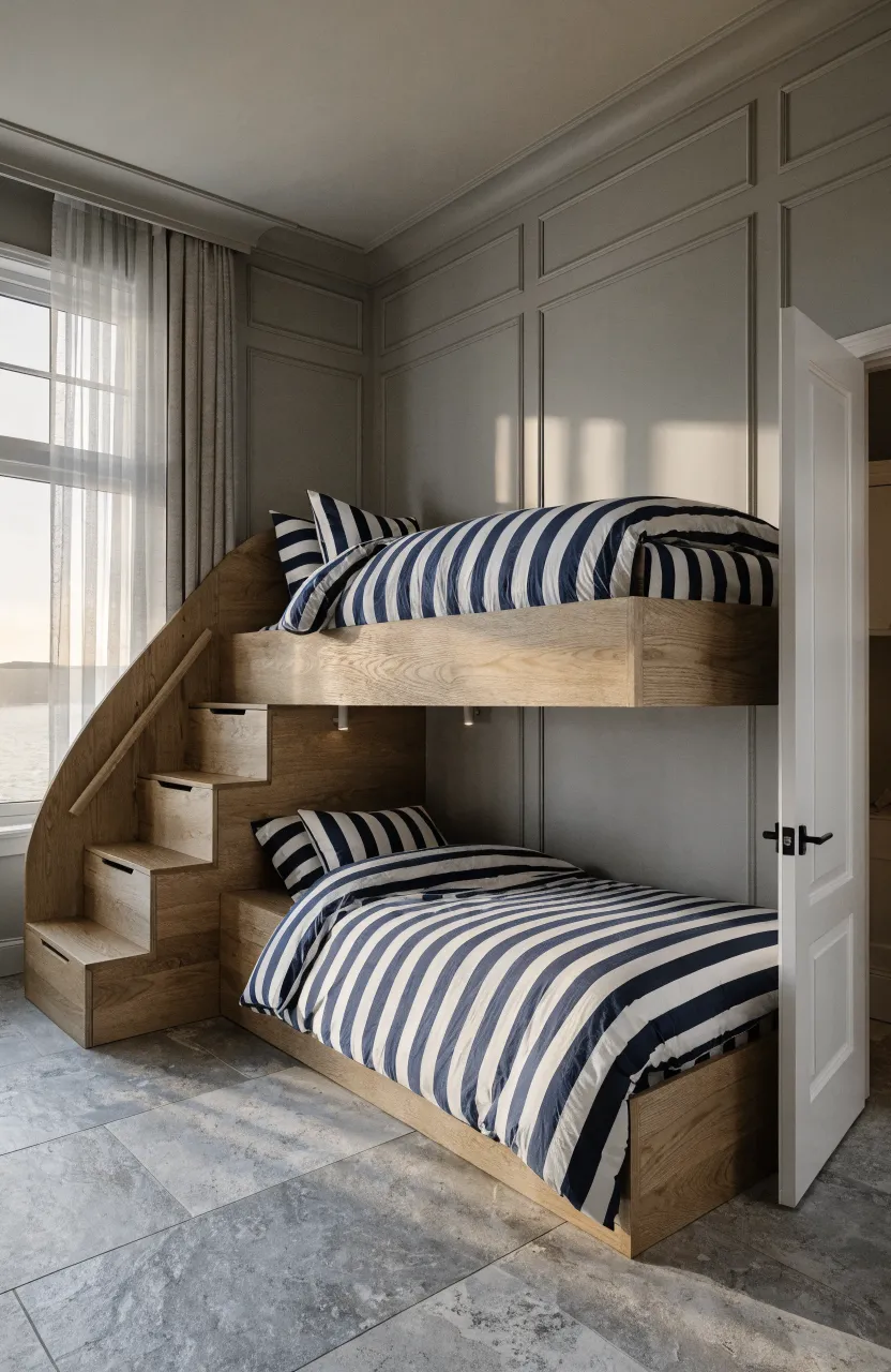 Custom white oak built-in bunk beds in a twin toddler room with integrated storage stairs.