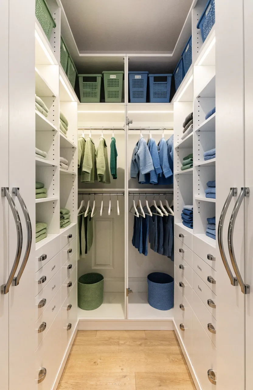 A perfectly symmetrical twin closet with separate hanging rods and color-coded clothing for two babies.