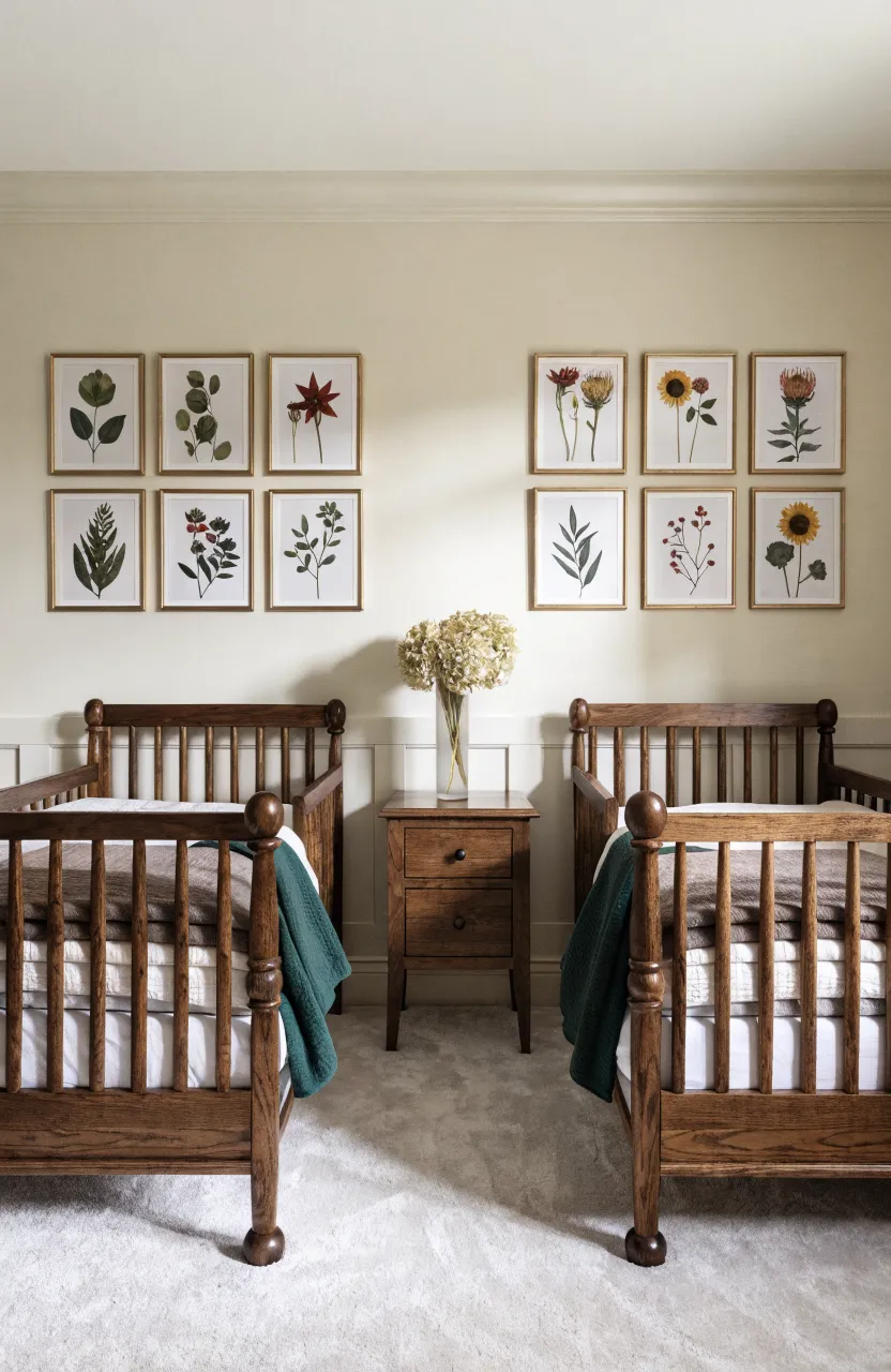Symmetrical gallery walls with framed botanical prints above two identical dark wood cribs.