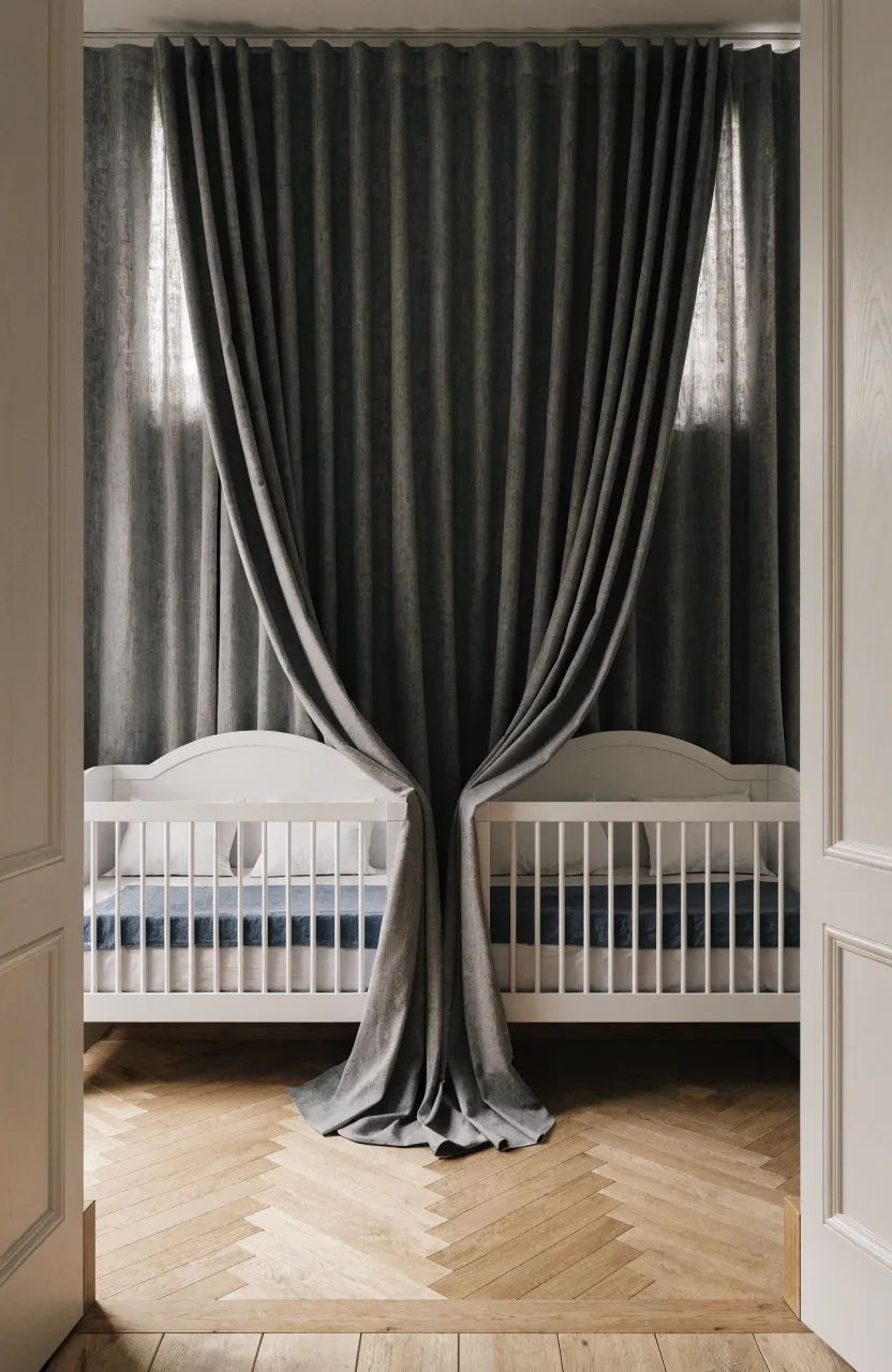 Full-length charcoal blackout curtains covering a large window wall in a peaceful twin nursery.