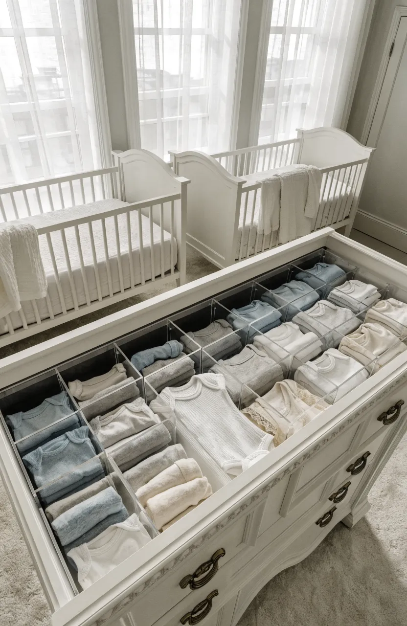 A wide view of a twin nursery featuring an open dresser drawer with clear acrylic organizers for baby clothes.