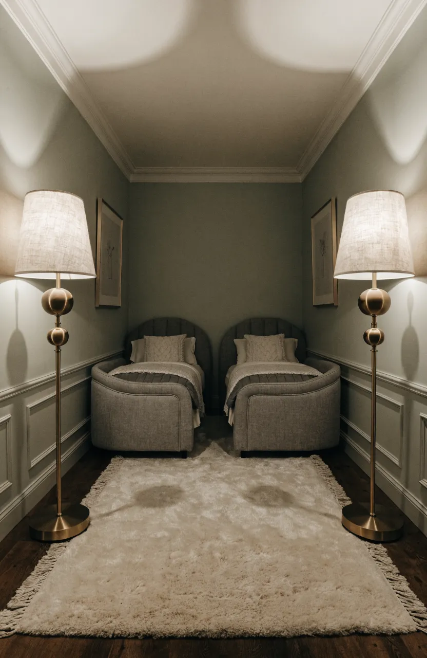 A symmetrical twin nursery with two matching floor lamps at opposite ends creating a warm, soft glow.