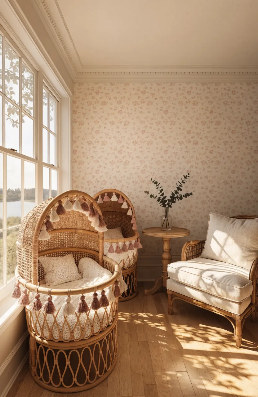 Two identical wicker bassinets placed side-by-side in a compact, sunlit newborn twin nursery.