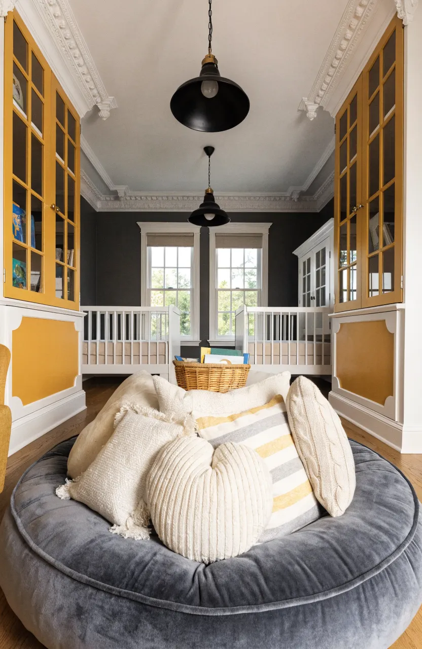 A cozy reading nook in a twin room featuring a large floor cushion and baskets of children's books.