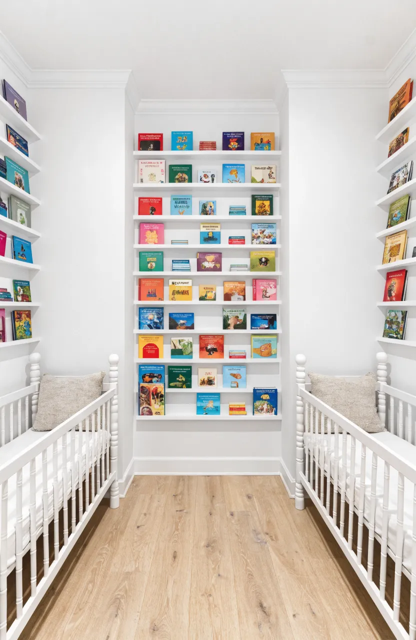 White vertical book ledges mounted on a nursery wall between two cribs, displaying colorful books.