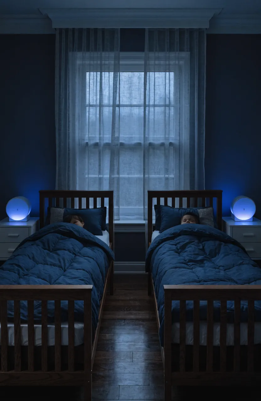 A twin nursery featuring two cribs, each equipped with a dedicated white noise machine for sleep.