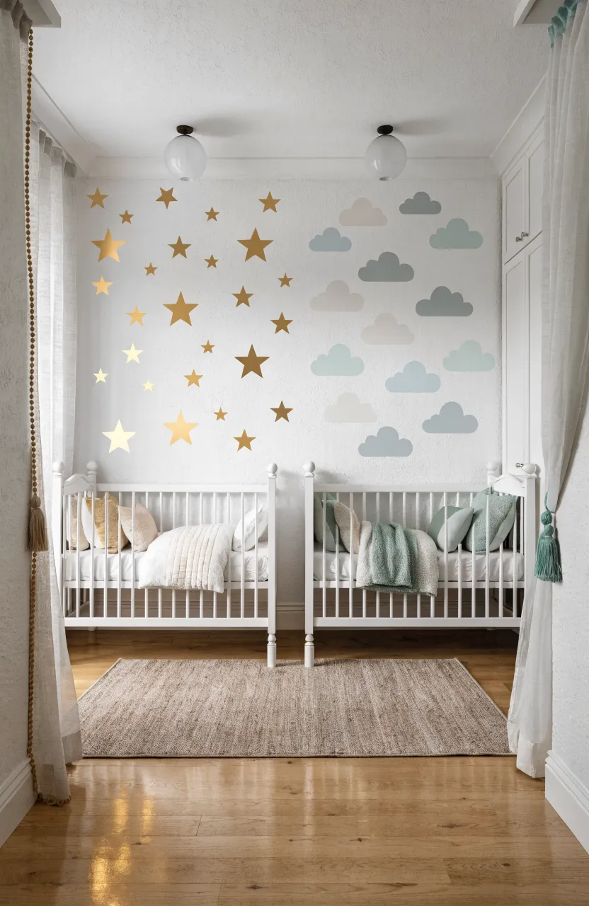 A twin room wall decorated with stars on one side and clouds on the other using removable decals.