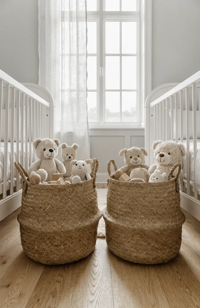 Two large woven baskets filled with toys sitting on a rug in a bright, symmetrical twin baby room.