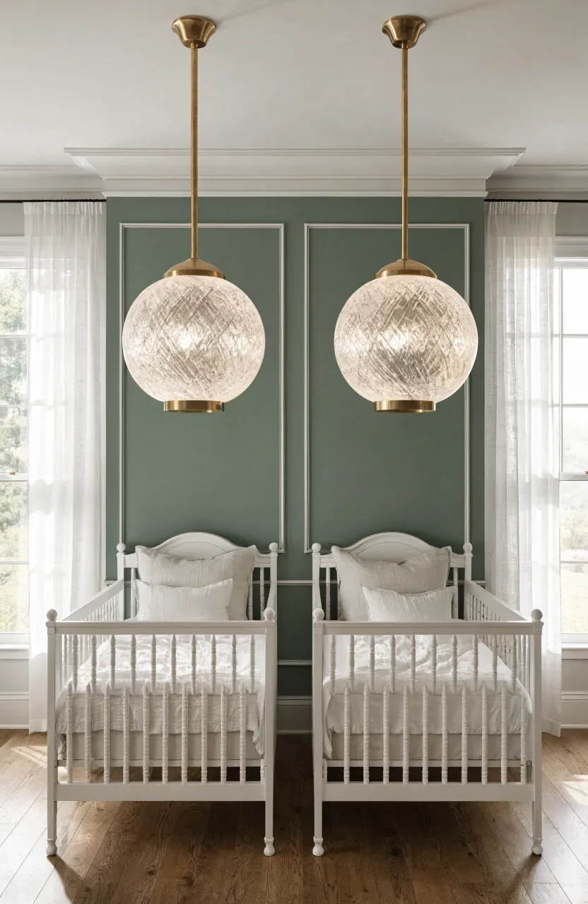 Matching globe pendant lights hanging over two identical white cribs in a symmetrical sage green room.