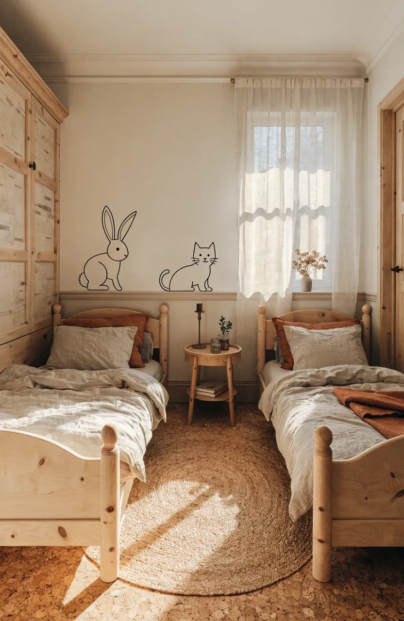 Two identical wooden floor beds arranged side-by-side in a bright, minimalist toddler room.