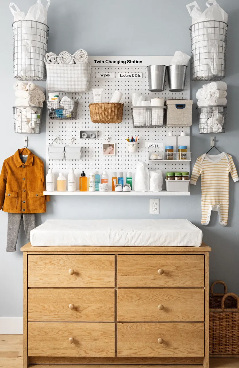 A large white pegboard with organized baby supplies mounted above a wooden changing table.
