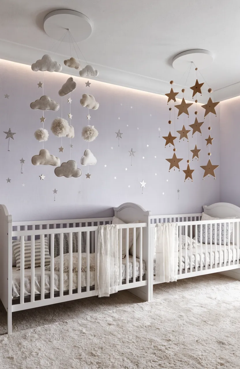 Two different decorative mobiles hanging from the ceiling over two separate cribs in a lavender room.