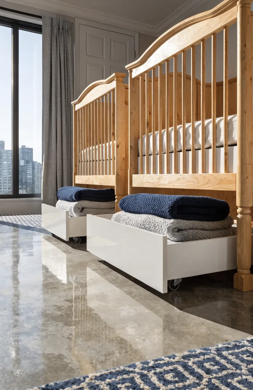White rolling storage drawers filled with blankets tucked under two wooden cribs on a gray rug.