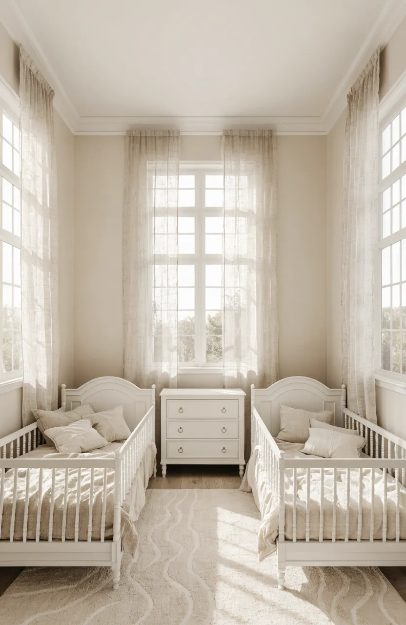 A small, airy twin nursery with pale sand-colored walls and white furniture, looking very spacious.