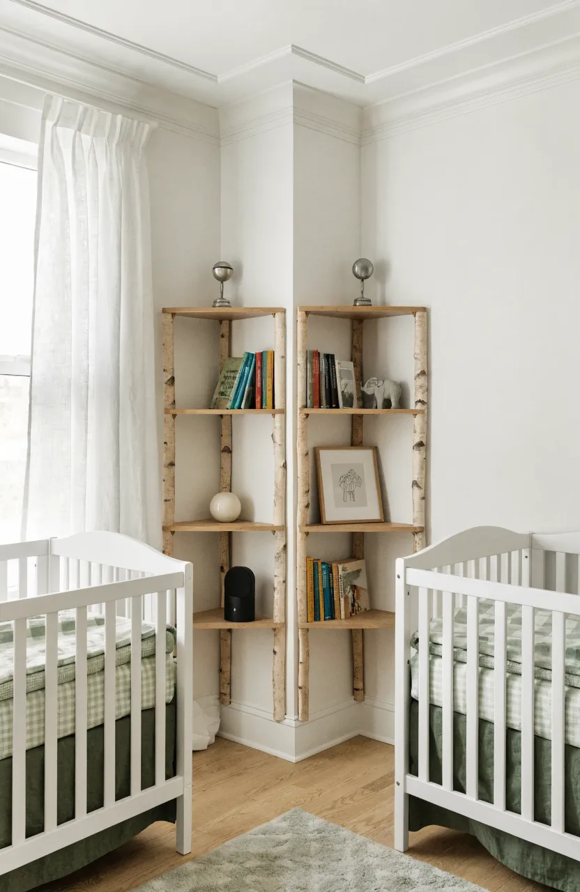 A modern twin nursery featuring white cribs and wooden corner shelves filled with books and baby keepsakes.