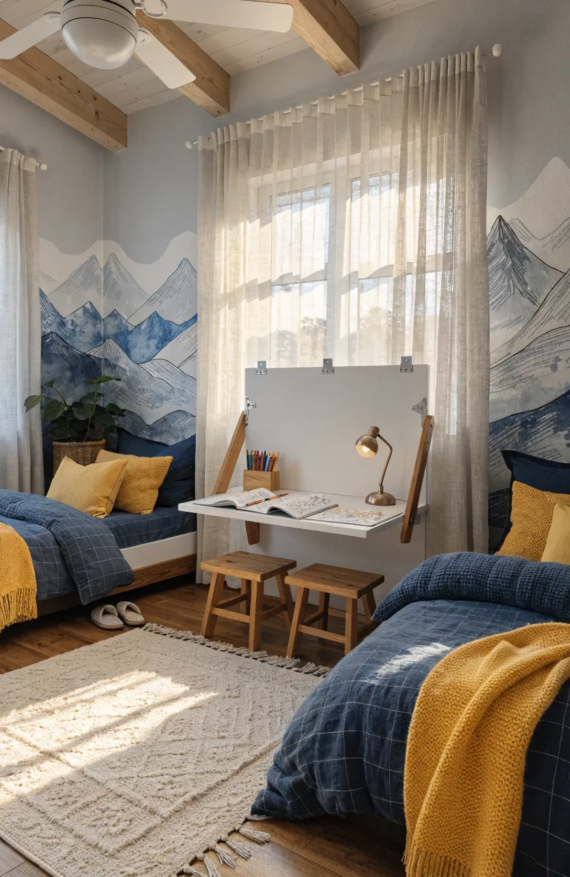 A twin toddler bedroom with two floor beds and a functional white fold-down wall desk for coloring.