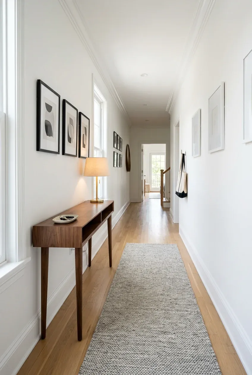 A slim walnut console table with tapered legs in a bright, narrow white hallway with wood floors.