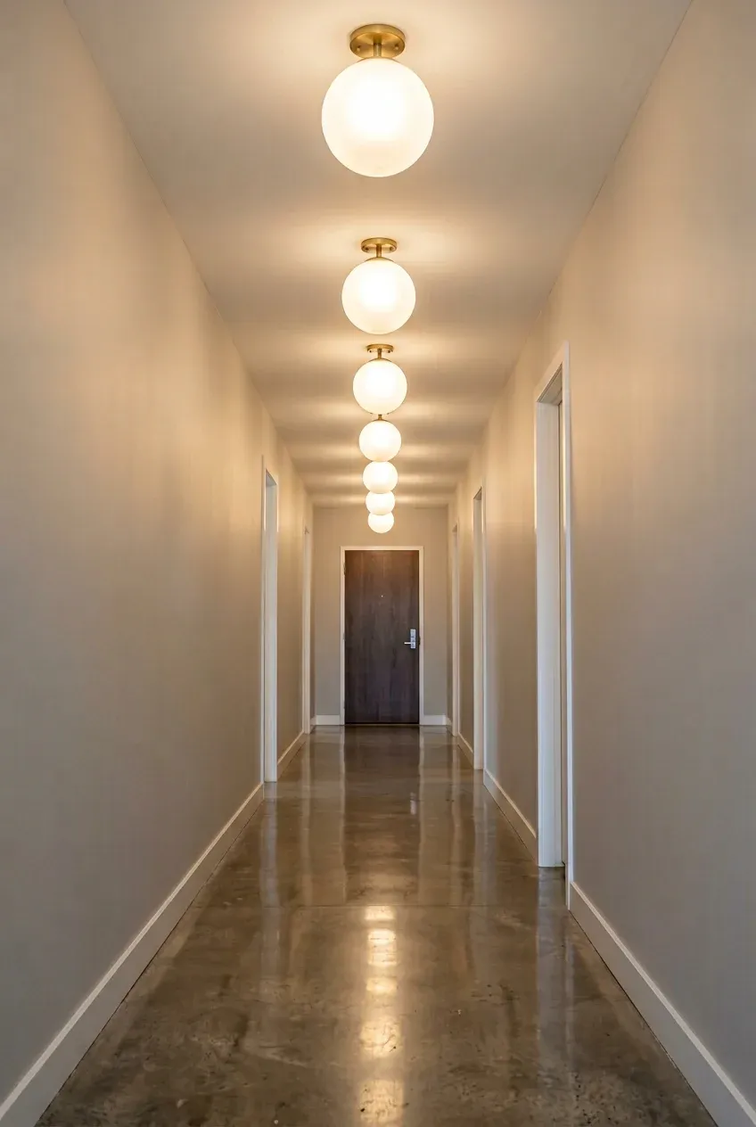 Three frosted globe lights mounted on the ceiling of a long, bright narrow hallway.