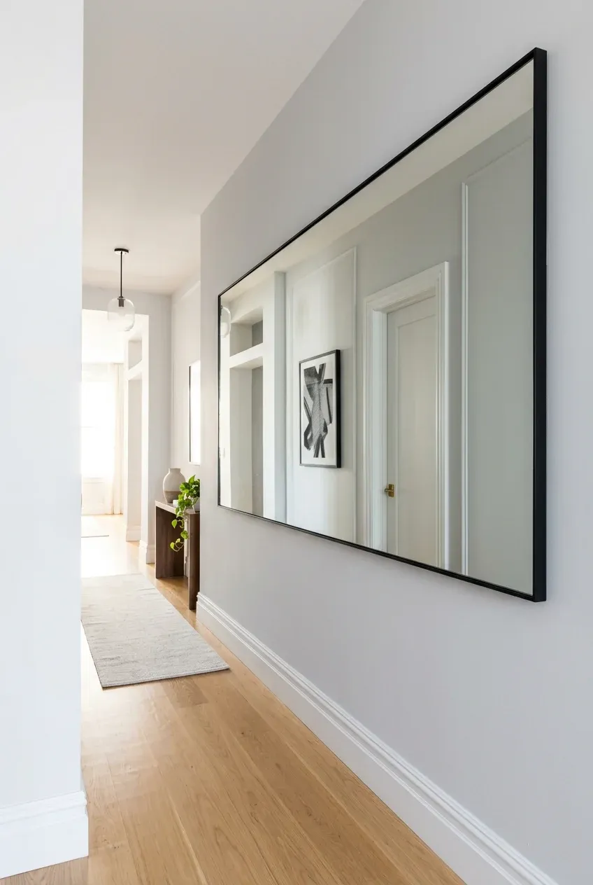 A large rectangular mirror mounted horizontally on a grey wall in a narrow hallway, reflecting light.