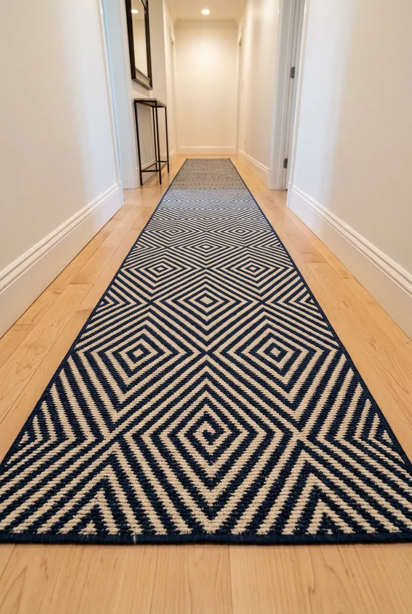 A navy and cream geometric runner rug on a light wood floor in a long narrow hallway.
