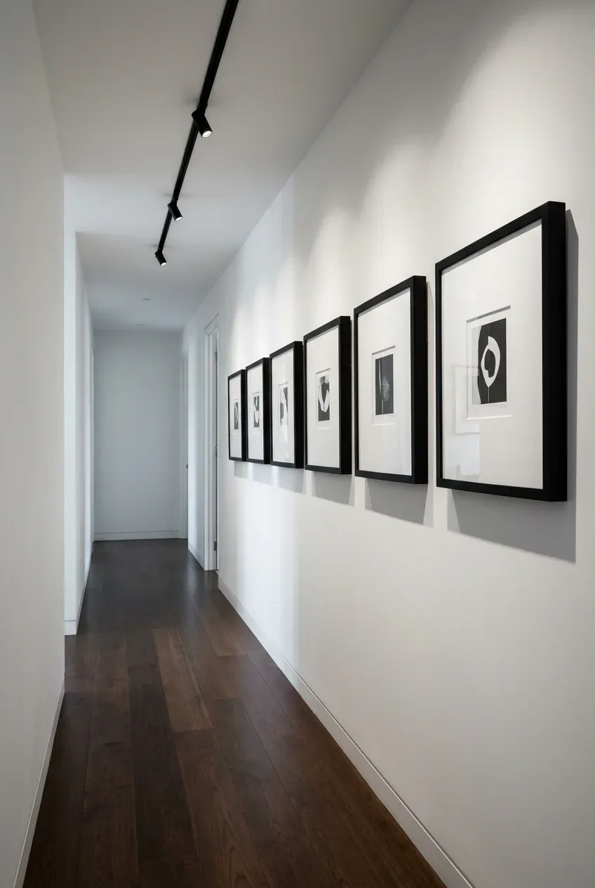 A series of identical black picture frames hanging in a straight horizontal line in a narrow hallway.