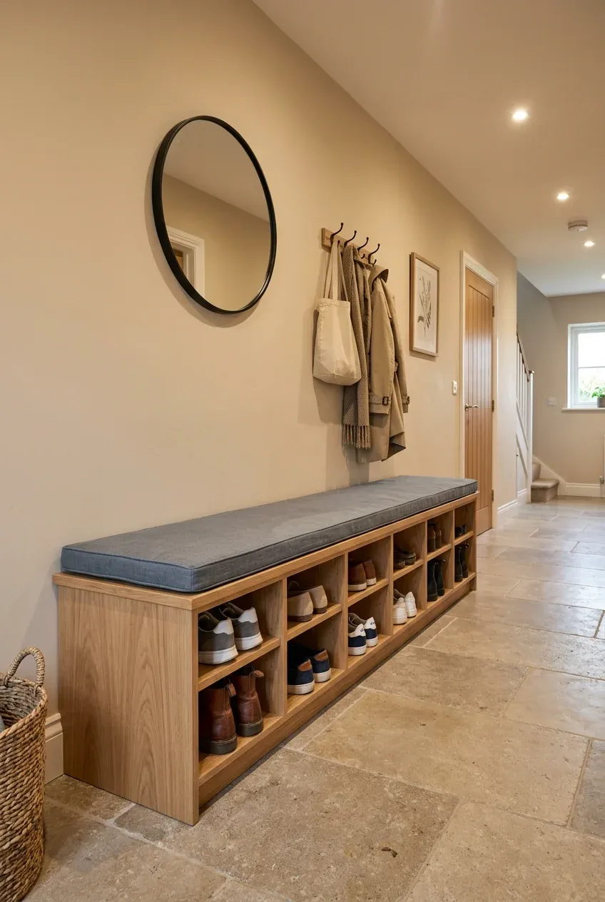 A long narrow wooden bench with shoe storage cubbies in a hallway with stone floors.