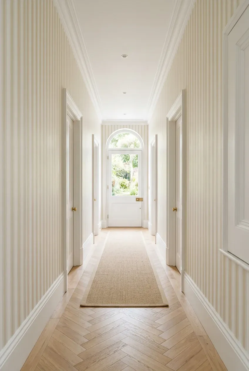 A long narrow hallway with vertical cream and white striped wallpaper and light wood floors.