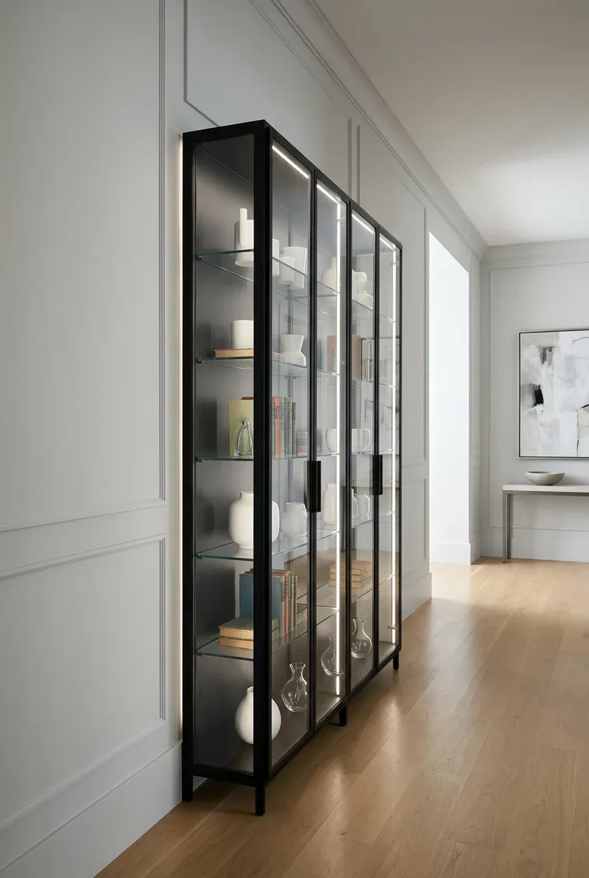 A slim black glass-front cabinet displaying white ceramics in a long narrow hallway.